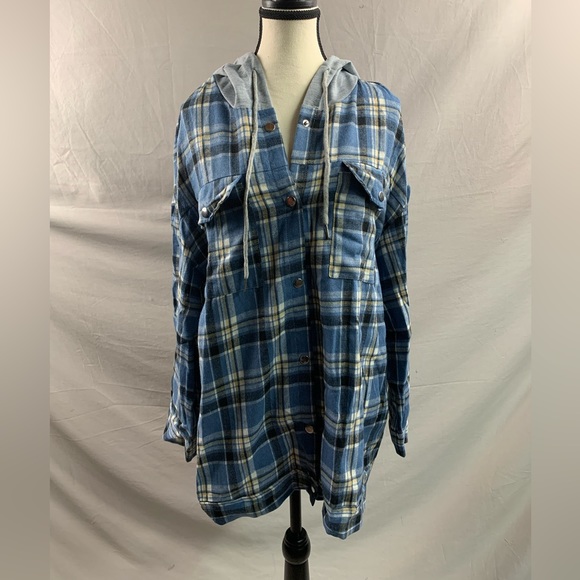 Blue Plaid Shacket with Drawstring Hoodie - Picture 6 of 7